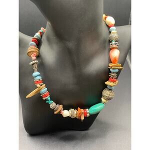 Vintage Handmade Boho Style Multicolor Beaded Silver Tone Statement Necklace